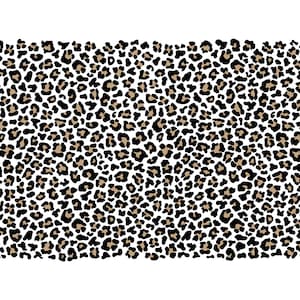 May include: A seamless pattern of black and brown leopard spots on a white background.