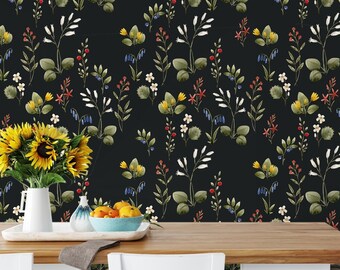 Dark Floral Peel and Stick Wallpaper: Retro Botanical Wall Decor