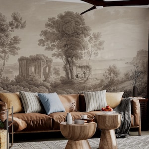 Mural de parede com paisagem campestre vintage: papel de parede de árvore em tons suaves e removíveis