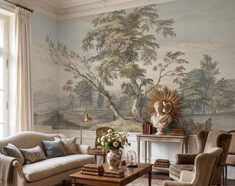 Vintage Landscape Mural, Muted Watercolour Trees Wallpaper, Sepia Mountain Removable Art Peel and Stick