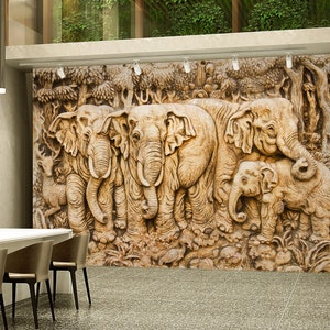 Carta da parati murale della famiglia dell'elefante 3d, carta da parati a buccia di animale di elefante e bastone, carta da parati rimovibile, carta da parati 3d per ristorante