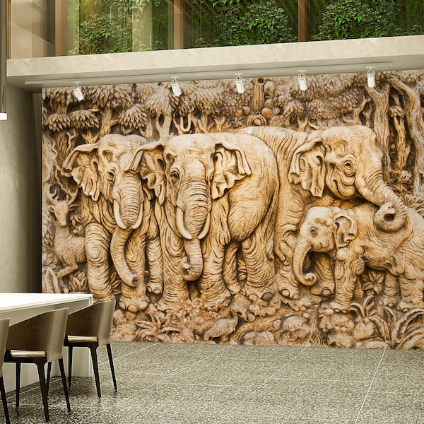 3d elephant's family mural wallpaper, elephant animal peel and stick wallpaper, removable wallpaper, 3d wallpaper for restaurant