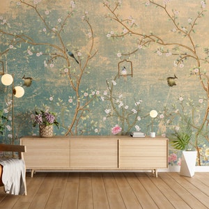 Chinoiserie Peel and Stock Tapete, Vintage Wandbild Tapete, Wandbild Landschaft, Tapetenwandbild, Retro Tapete, botanische Tapete