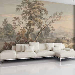 Vintage landscape wallpaper, scenic wallpaper mural, sepia landscape peel and stick wallpaper, vintage Wall Mural, Removable Wallpaper