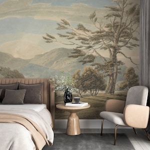 Tree landscape wallpaper, tree and mountains wall mural, vintage wallpaper with a beautiful landscape, vintage peel and stick Wallpaper