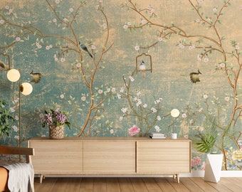Chinoiserie peel and stick wallpaper, vintage mural wall paper, landscape wall mural, wallpaper mural, retro wallpaper, botanical wallpaper
