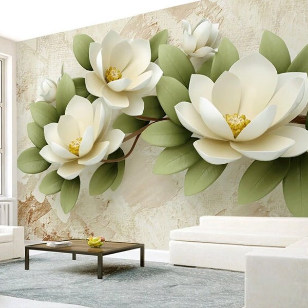 3D Magnolia Flowers Mural Wallpaper | Non Woven Wallpaper or Peel and Stick Wallpaper | Living Room Design | Home Decor | Wall Art