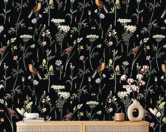Botanical Wildflowers Wallpaper, Birds and Leaves, Peel and Stick