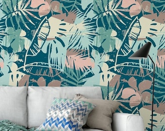 Pastel Teal Tropical Wallpaper, Plants Leaves Floral Peel and Stick