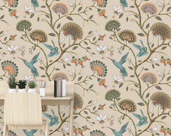 Chinoiserie Hummingbird Wallpaper: Vintage Floral Peel & Stick