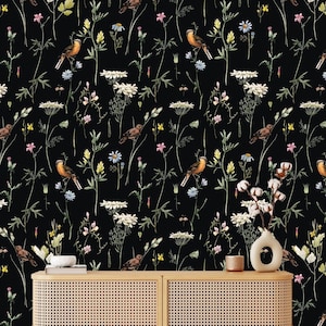 Wildflowers, Herbs, Birds and Leaves Botanical Wallpaper Peel and Stick, Traditional Wallpaper Removable Wallpaper