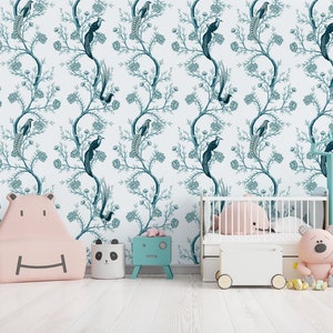 teal birds flowers Chinoiserie wallpaper, kids room wallpaper, peel and stick wallpaper, exotic floral Wallpaper, Removable Wallpaper Roll