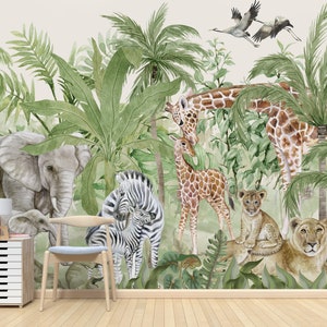 Jungle Animal Family Wallpaper, Removable Kids Room Mural, Nursery & Bedroom Wall Art, Custom Jungle Safari Wallpaper, Wallpaper mural