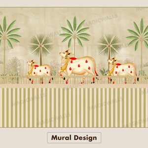 May include: A beige mural design featuring three decorated cows walking along a white fence. Palm trees and a building are in the background. The cows have red and gold accents. The text "Mural Design" is at the bottom.