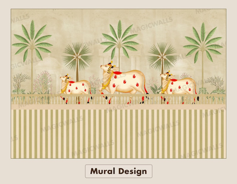 May include: A beige mural design featuring three decorated cows walking along a white fence. Palm trees and a building are in the background. The cows have red and gold accents. The text "Mural Design" is at the bottom.