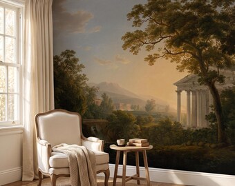 Vintage Roman Landscape Mural, Arcadian Scenic Sunset Nature Peel Stick Wallpaper