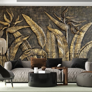 3D Gold tropische Wandbild Tapete, 3D Schälen und Stock Blumentapete, abnehmbare Tapete, 3D Wandbild, 3D Wandkunst Wandbild Tapete