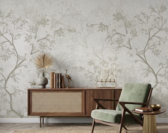 Chinoiserie Mural Wallpaper, Botanical Floral Branch Wall Art, Neutral Beige Peel and Stick