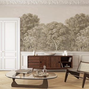 Vintage Forest Wallpaper Mural: Beige Tree Landscape, Peel and Stick