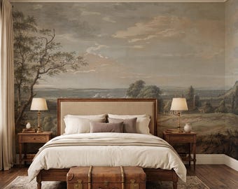 Vintage Scenic Tree Landscape Wallpaper Mural: Muted Panoramic Countryside Peel and Stick Wall Decor