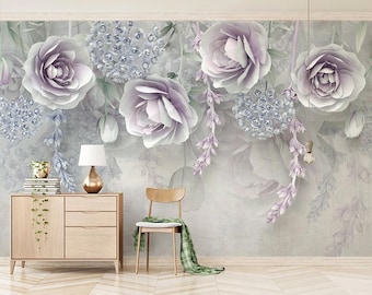 Lavendel 3D Blumen Wandbild Wallpaper | Vliestapete oder Peel and Stick Wallpaper | Wohnzimmer Design | Wohndekor | Wandkunst