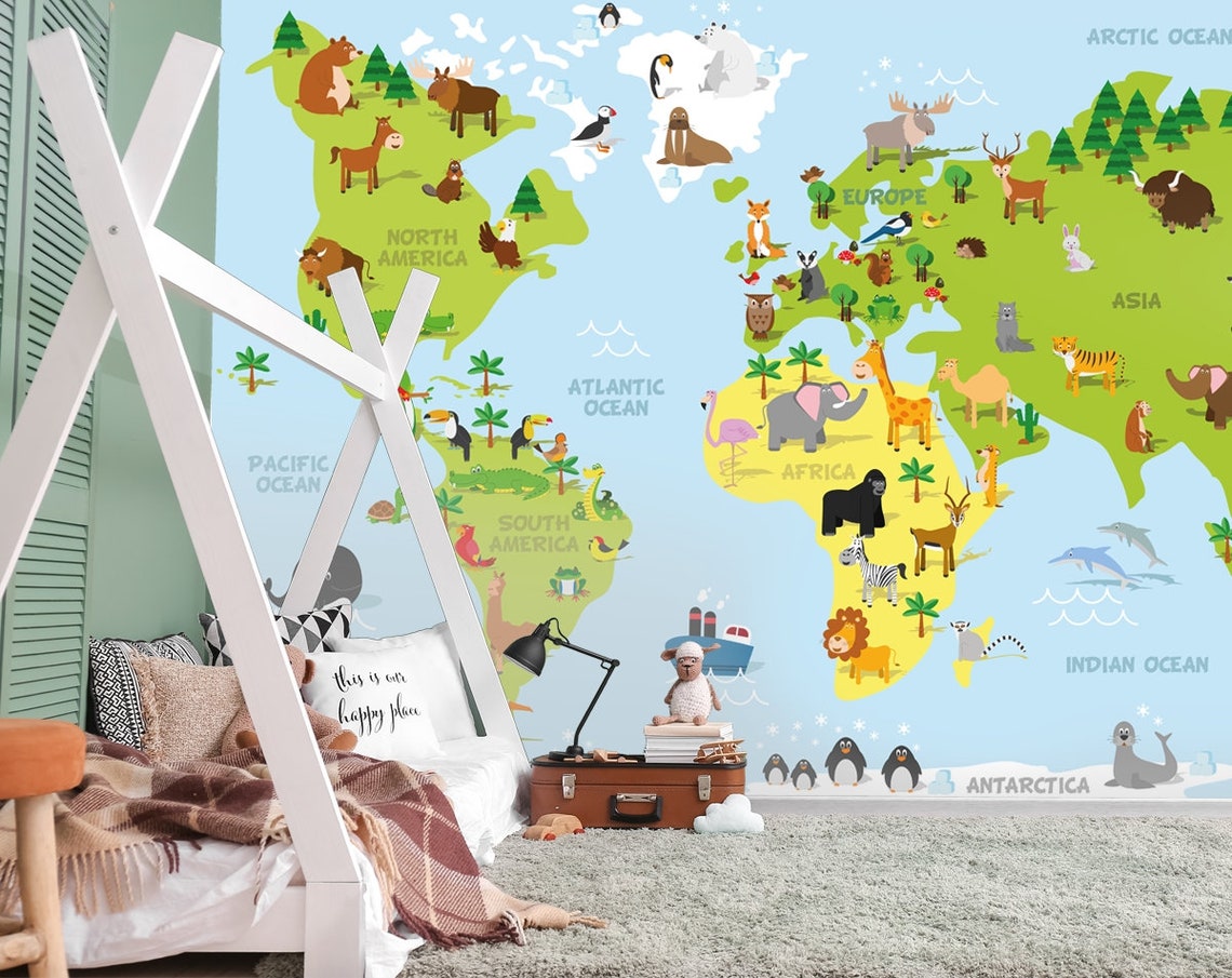 Nursery World Map Wallpaper Kids Room Wallpaper Animal World - Etsy