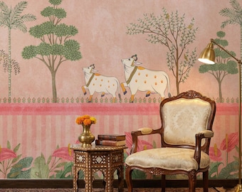 Indian Pichwai Kamadhenu Art Wallpaper Mural, Tropical Trees Peel and Stick Home Decor