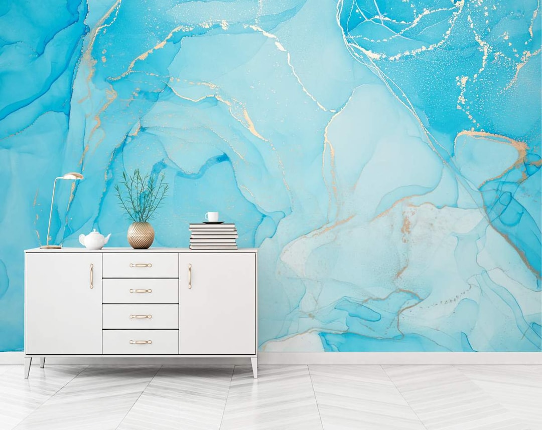 Aqua Blue and Gold Marble Wallpaper, Bedroom Wallpaper, Blue Marble