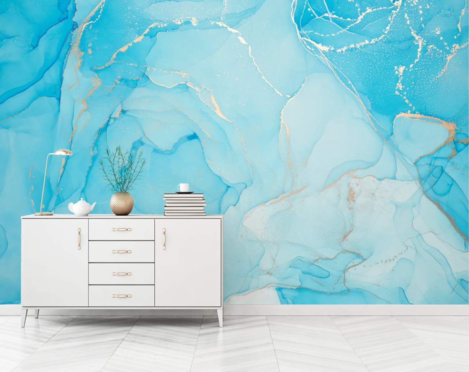 Aqua Blue and Gold Marble Wallpaper, Bedroom Wallpaper, Blue Marble