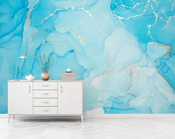 Aqua Blue and Gold Marble Wallpaper Bedroom Wallpaper Blue - Etsy