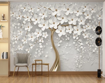 white flowers tree wallpaper, gold & white tree wall mural, peel and stick bedroom wallpaper, removable white wallpaper