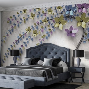 Colorful tree mural wallpaper, Bedroom peel and stick wallpaper, 3d peel and stick wallpaper, Removable wallpaper for living room