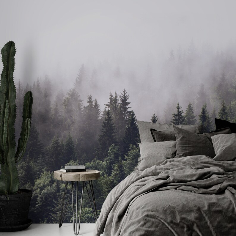 Misty Forest Wallpaper Mural: Green Tree Woodland Peel and Stick - Etsy