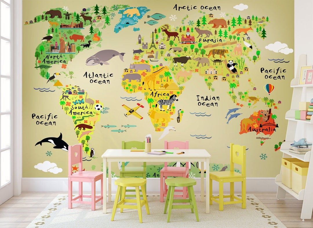 Cartoon Animal World Map Wallpaper, Kids Room Decor Peel and Stick - Etsy