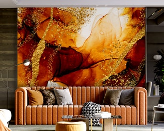 Blood Red and Gold Marble Wall Mural, Abstract Peel and Stick Wallpaper