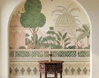 Royal Rajasthani Jharokha Wallpaper, Indian Palace Botanical Mural, Peach Sage Peel and Stick