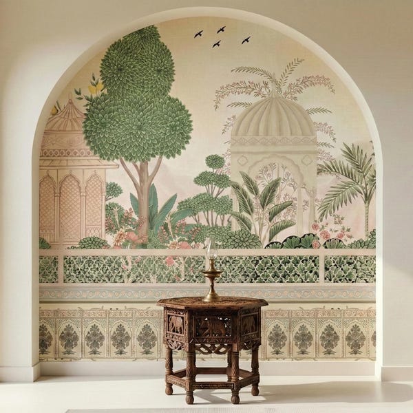 Papel pintado real Rajasthani Jharokha, mural botánico del palacio indio, cáscara y palo de salvia de melocotón