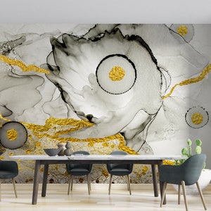 Goldene abstrakte weiße Marmorkunst-Tapete, Schälen und aufkleben von Tapete, abnehmbare weiße Marmor-Tapete