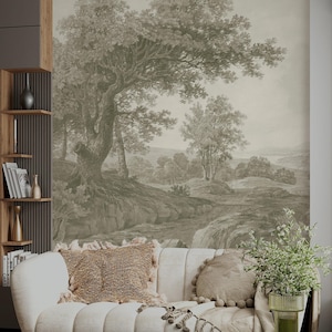 vintage landscape scenic mural wallpaper, big Tree Wallpaper mural, landscape rural wallpaper, panoramic vintage peel and stick wallpaper