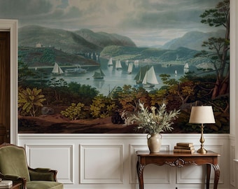 Vintage Lake Landscape Wallpaper Mural, Coastal Harbor Wall paper, Antique Scenic Removable Wall Decor