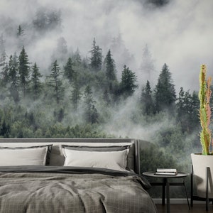 misty forest pine tree wallpaper, nature wall mural, landscape botanical peel and stick wallpaper, foggy forest wooden wallpaper for bedroom