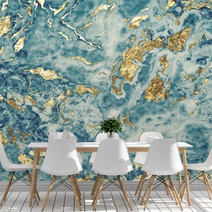 Blue Gold Marble Pattern Abstract Wallpaper Mural Peel and Stick Wallpaper Abstract Wallpaper, Wallpaper Roll Removable Modern Wallpaper