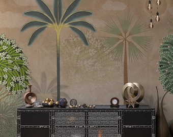 Vintage Indian Tropical Wallpaper, Earthy Palm Tree Mural, Sepia Botanical Decor Peel and Stick