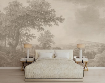 Neutral Monochrome Vintage Landscape Tree Mural Wallpaper, Antique Style Forest Wall Art