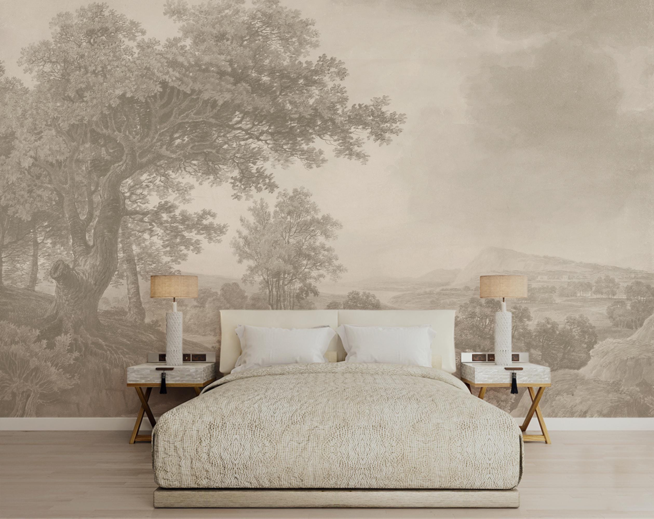 Neutral Monochrome Vintage Landscape Tree Mural Wallpaper, Antique ...