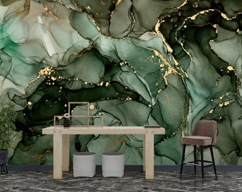 Dark Green Gold Marble Wallpaper Mural | Fluid Art Peel and Stick | Abstract Wallpaper