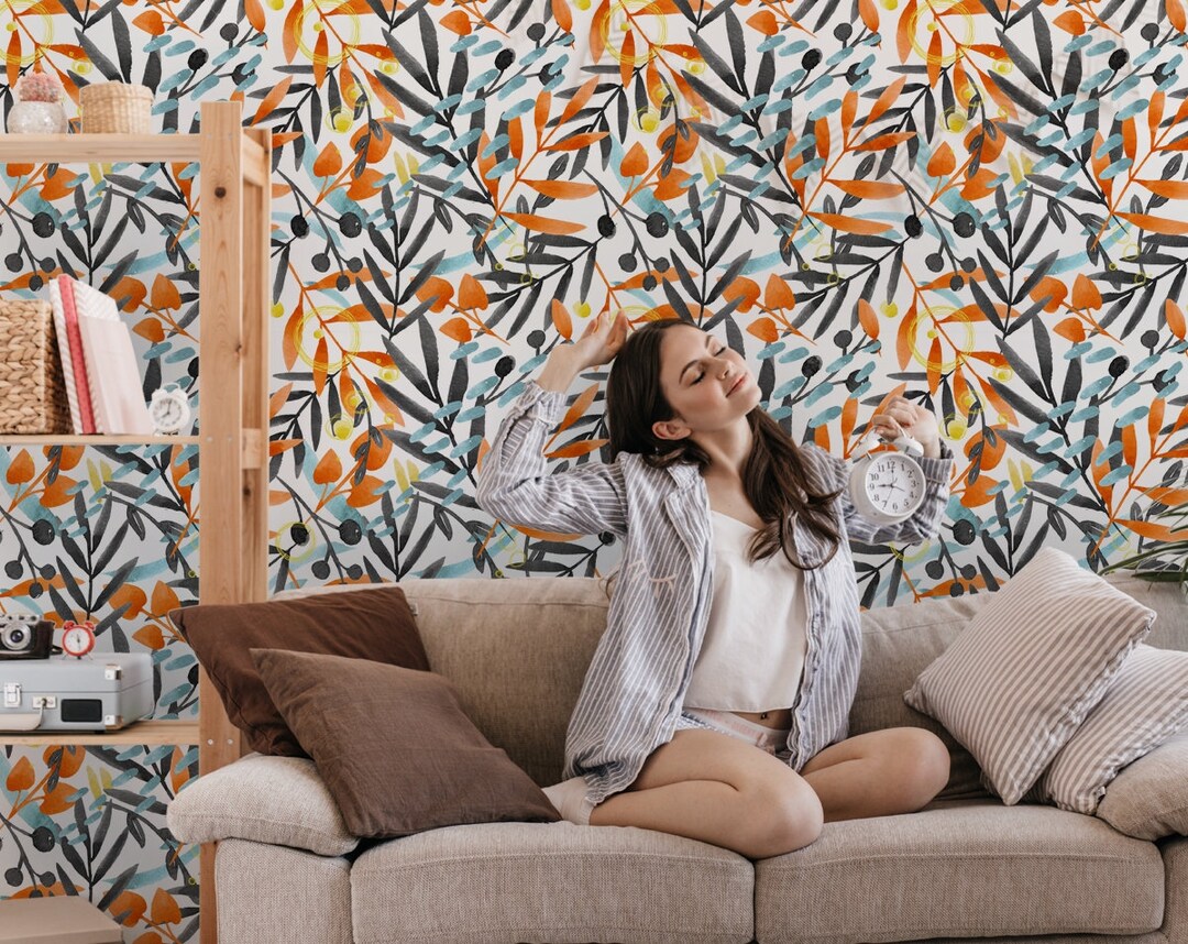 Orange Black Blue Floral Wallpaper, Watercolour Floral Wallpaper