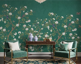 Green Chinoiserie Peony Wallpaper | White Floral Birds Botanical Mural | Maximalist Luxury Living Room Decor