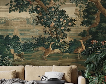 May include: A wall mural featuring a detailed landscape scene with large trees, blooming rose bushes, and various birds including a red parrot and a cardinal. The scene depicts a garden with a fountain and a building in the distance, rendered in shades of green, brown, and muted earth tones.