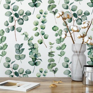 Watercolour Leaves and Branches Wallpaper, Peel and Stick Wallpaper, bathroom Wallpaper, Green and White Wallpaper, Leaf Wall Design